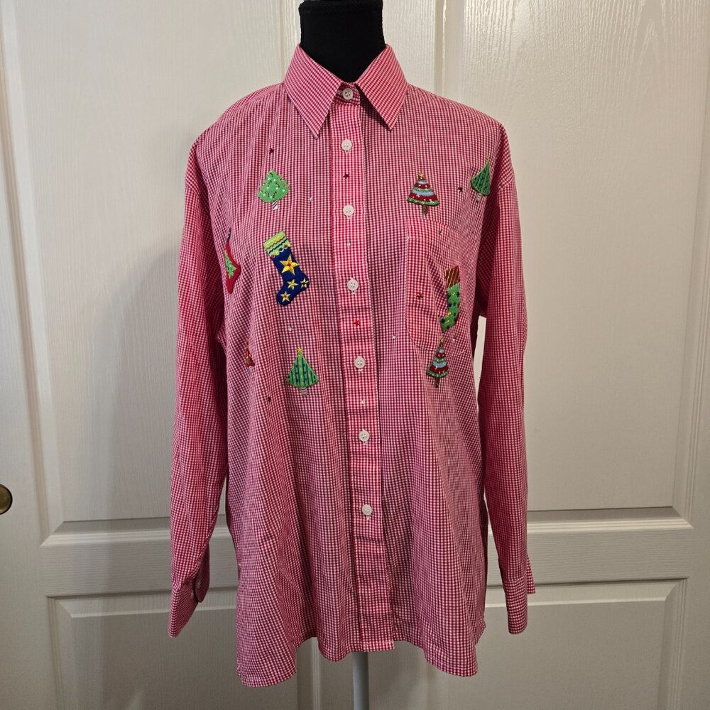 MiLi Designs Women's Red/White Button Up Blouse/Top Embellished Christmas Size M